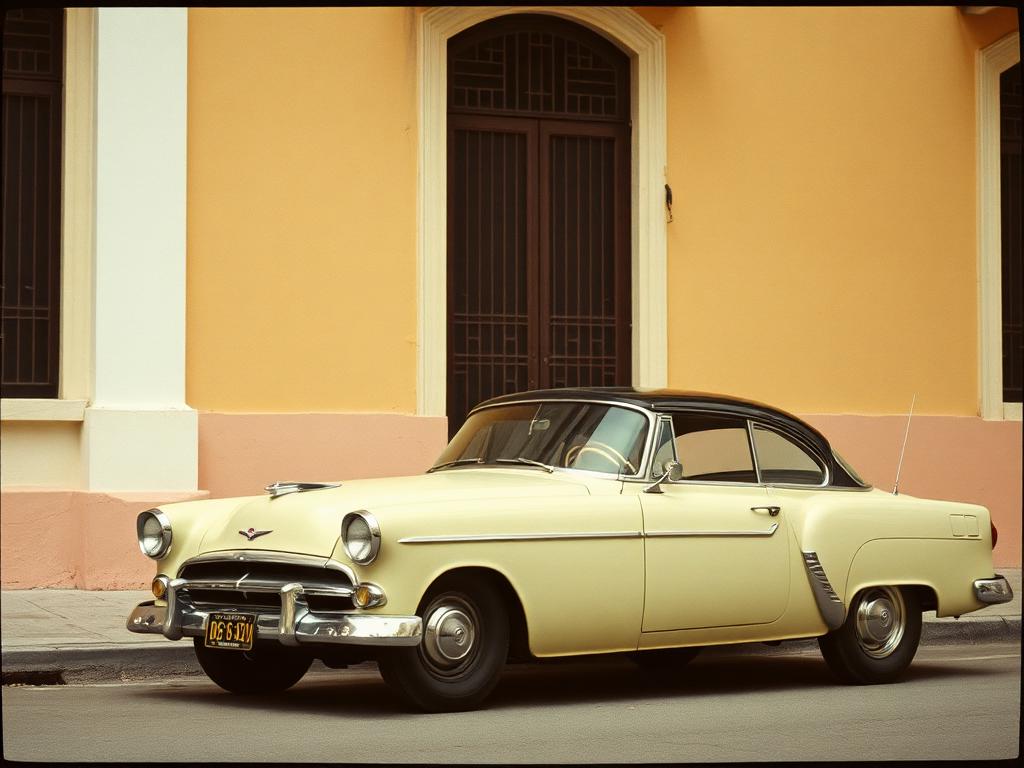 Sepia-toned classic collector car parked by a colonial facade