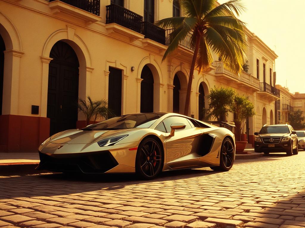 Sepia-toned modern luxury sports car on an Old San Juan street
