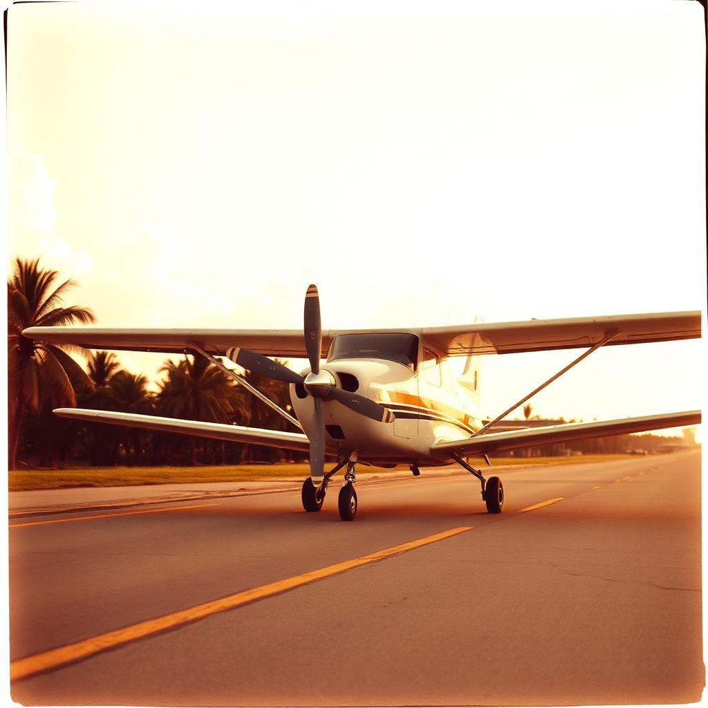 Sepia-toned small propeller plane on a Puerto Rico runway